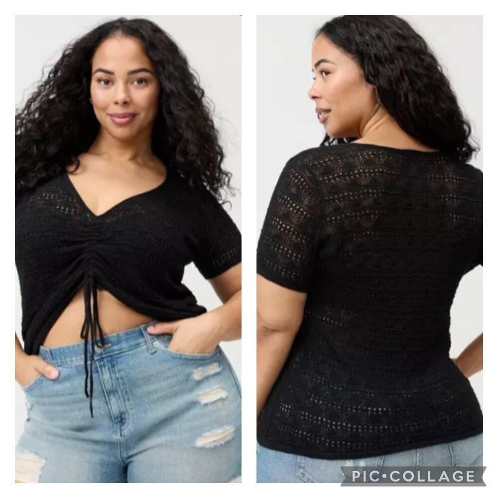 Torrid Black Pointelle Knit V Neck Sweater Drawstring Front Plus Size 2X